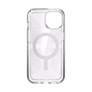 Speck GemShell Grip MagSafe -suojakuori iPhone 17e / 16e / 15 / 14 / 13 -laitteelle, läpinäkyvä krominvärisillä yksityiskohdilla