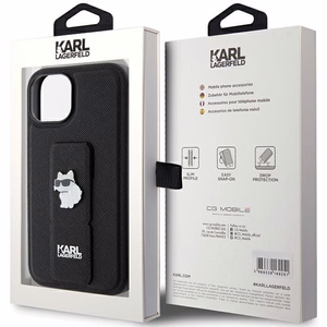 Karl Lagerfeld Gripstand Saffiano Choupette Pins Suojakuori iPhone 15:lle - musta