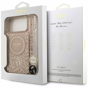 Guess IML Flowers Electro Pearl Strap MagSafe -kuori iPhone 17 Pro Max - pinkki