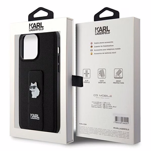 KARL LAGERFELD KLHCP13XGSACHPK Gripstand Saffiano Choupette PIN -suojakuori iPhone 13 Pro Maxille - musta
