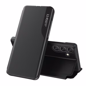 Eco Leather View Suojakuori Samsung Galaxy S24 FE läpällä ja jalustalla - Musta