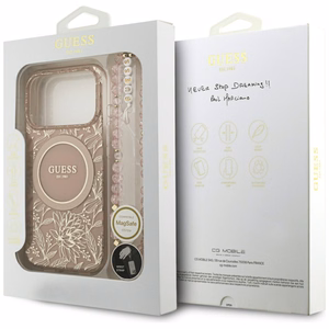 Guess IML Flowers Electro Pearl Strap MagSafe -kuori iPhone 17 Pro - pinkki