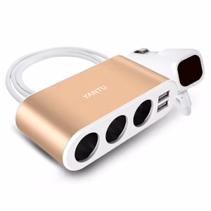 Car Cigarette Lighter Socket Splitter B08 - 3 sockets + 2xUSB - 3.1A 120W with display and cable gold