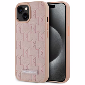 Karl Lagerfeld Leather Monogram Metal Logo MagSafe Suojakuori iPhone 15:lle - vaaleanpunainen