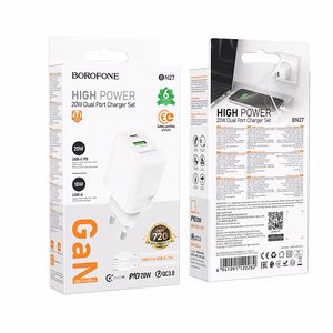 Borofone Wall charger BN27 Fuente - USB + Type C - QC 3.0 PD 20W with Type C to Type C cable white