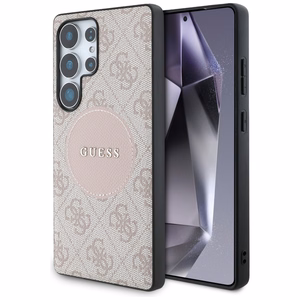 Guess 4G Round Patch Classic Logo MagSafe -suojakuori Samsung Galaxy S25 Ultra pinkki