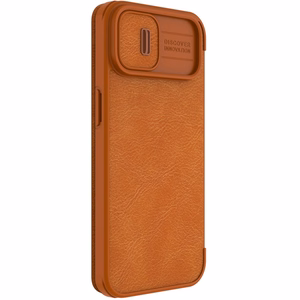 Nillkin Qin Nahka Pro Case iPhone 14 Plus kamera kansi Holster kansi Flip Case ruskea