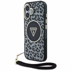 Guess HC IML Leopard Triangle Cord Strap MagSafe Suojakuori iPhone 16:lle - musta
