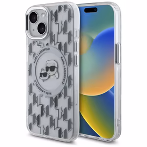 Karl Lagerfeld IML Monogram Karl & Choupette Head MagSafe Suojakuori iPhone 15:lle - Läpinäkyvä