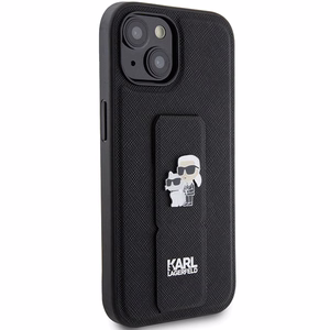 Karl Lagerfeld Gripstand Saffiano Karl&Choupette Pins Suojakuori iPhone 15 Plus / 14 Pluslle - musta