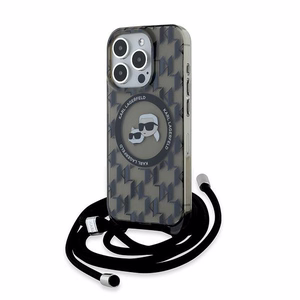 Karl Lagerfeld IML Crossbody Monogram Karl & Choupette Head MagSafe Suojakuori iPhone 15 Pro Max:lle - musta