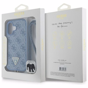 Guess Leather Metal Logo Strass Crossbody Suojakuori iPhone 16:lle - sininen