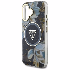 Guess suojakuori iPhone 16:lle MagSafe-tuella GUHMP16SHFLPEDK (IML Metal Glitter Flowers Triangle) - musta