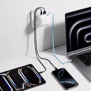 Cuktech AD653W wall power adapter 67 W GaN, 2× USB-C and USB-A, with 70 cm retractable USB-C cable – white