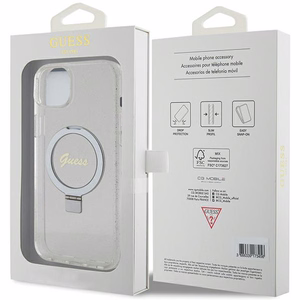 Guess GUHMP15MHRSGSD iPhone 15 Plus / 14 Plus 6.7" Läpinäkyvä/Läpinäkyvä Kova Suojakuori Ring Stand Script Glitter MagSafe