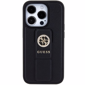 Guess Grip Stand 4G Saffiano Strass Suojakuori iPhone 15 Pro Maxille - musta