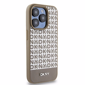 DKNY Nahkainen Painettu Kuvio Metallinen Logo MagSafe Suojakuori iPhone 15 Pro:lle - ruskea
