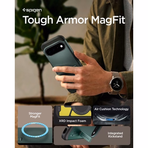 Spigen Tough Armor Mag MagSafe -suojakuori Google Pixel 11 -mallille, tummanvihreä