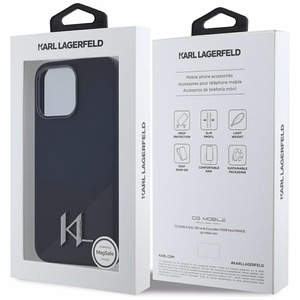 Karl Lagerfeld suojakuori iPhone 15 Pro Max:lle MagSafe-tuella KLHMP15XSCMKMPCK (Silicone Initial Metal Logo) - musta