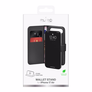 Puro Wallet Stand suojakuori iPhone 17 Air:lle - ekotekonahkainen lompakko- ja jalustakuori, musta