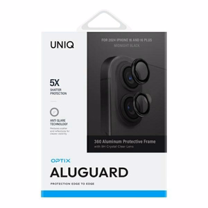 Uniq Optix alumiininen kameran linssisuoja iPhone 16 / 16 Plus asennustyökalulla - musta