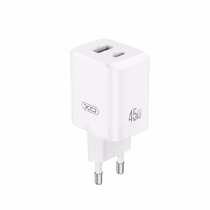 XO seinälaturi CE36 PD 45W 1x USB-C 1x USB valkoinen + kaapeli USB-C - USB-C