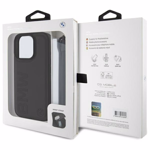 BMW Signature Leather Wordmark Cord Case for iPhone 16 Pro - Black