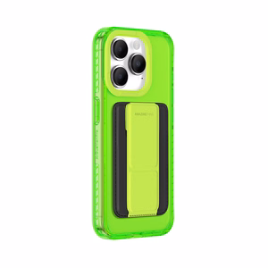 Amazing Thing Titan Pro Neon Mag Lompakkokuori 10FT IP156.7PTWGN iPhone 15 Pro Max:lle vihreä jalustalla