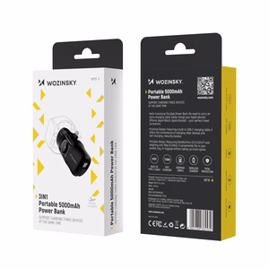 Wozinsky WF16-YLS 5000mAh 15W Lightning Mini Power Bank, jossa on sisäänrakennettu USB-C-kaapeli ja Apple Watch -laturi - musta