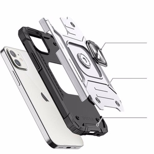 Wozinsky Ring Armor tapauksessa iPhone 14 panssaroitu kansi magneettinen haltija rengas hopea