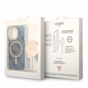 GUESS set iPhone 14 Pro:lle yhteensopiva MagSafe:n kanssa GUBPP14LH4EACSB (Bundle Pack / suojakuori + laturi / 4G) kultainen sininen