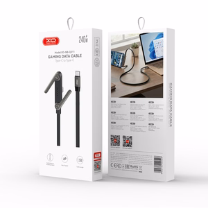 XO NB-Q311 PD USB-C–USB-C-kaapeli, 1,5m, 240W, musta, litteä, jalustalla