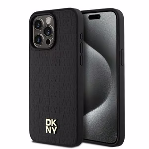 DKNY Nahkainen Monogram Pattern Metal Logo MagSafe Suojakuori iPhone 15 Pro Max:lle - Musta