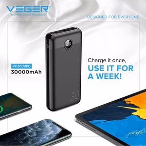 VEGER varavirtalähde 30000 mAh PD QC3.0 3A 20W L30 (W3008PD) musta