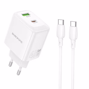 Borofone Seinälaturi BN30 Cargador GaN - USB + Type-C - QC 3.0 PD 45W Type-C - Type-C -kaapelilla valkoinen