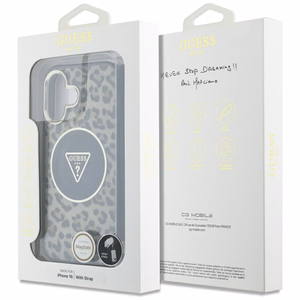 Guess HC IML Leopard Triangle Cord Strap MagSafe Suojakuori iPhone 16:lle - ruskea