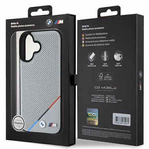 BMW M Perforated Tricolor Line MagSafe Suojakuori iPhone 16:lle - harmaa