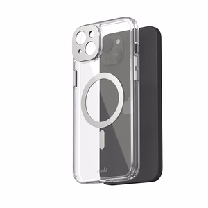 Moshi iGlaze MagSafe suojakuori iPhone 15 Plus -laitteelle, läpinäkyvä Luna Silver -yksityiskohdilla