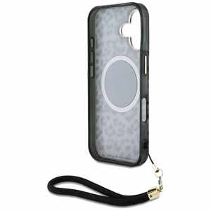 Guess HC IML Leopard Triangle Cord Strap MagSafe Suojakuori iPhone 16:lle - musta