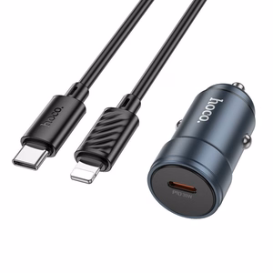 Autolaturi Hoco USB-C QC3.0 PD 30W + USB-C - Lightning -kaapeli Z57 metallinen harmaa