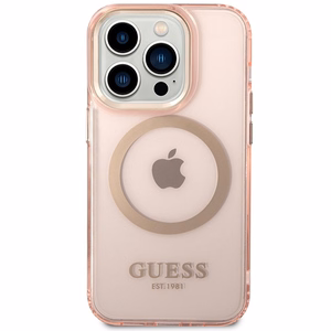 Guess GUHMP14XHTCMP vaaleanpunainen kova suojakuori iPhone 14 Pro Max 6.7 kultareunuksinen läpikuultava MagSafe