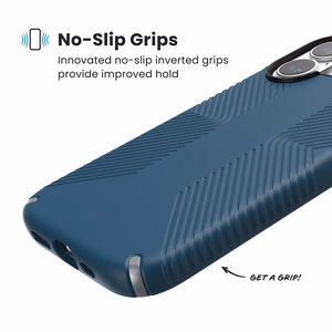 Speck Presidio2 Grip MagSafe suojakuori iPhone 17 -laitteelle, Deep Sea / Silver Metallic -värinen