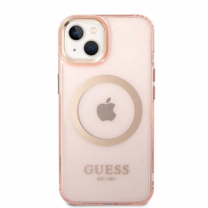 Guess GUHMP14MHTCMP iPhone 14 Plus 6.7 vaaleanpunainen/vaaleanpunainen kova suojakuori Gold Outline läpinäkyvä MagSafe