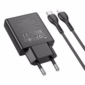 Puhelinlaturi Hoco Slim USB-A + USB-C QC3.0 PD 3A 20W + USB-C - Lightning -kaapeli N38 musta