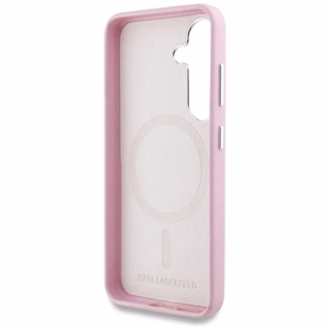 Karl Lagerfeld Saffiano Full Wrapped Elongated Metal Logo MagSafe Suojakuori Samsung Galaxy S25:lle - vaaleanpunainen