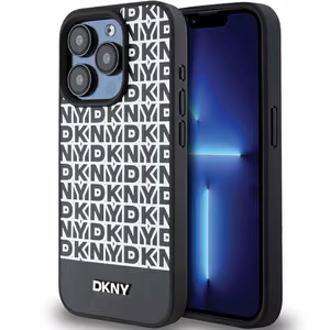 DKNY Nahkainen Painettu Pattern Metal Logo MagSafe Suojakuori iPhone 15 Pro Max:lle - Musta