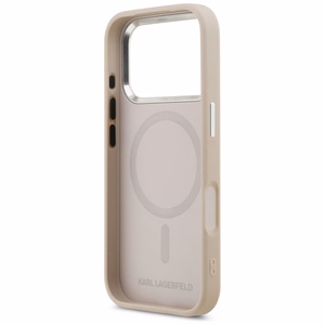 Karl Lagerfeld MagSafe PU Suojakuori Karl&Choupette Pins -logolla ja metallikamerapainikkeilla iPhone 17 Pro:lle - Beige