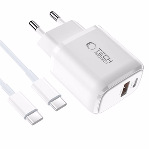 Tech-Protect NCA20 PD 20W QC3.0 USB-A / USB-C Wall Charger + USB-C / USB-C Cable 100cm - White