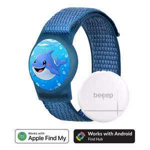 Beeep OneTag -paikannin lasten Velcro-rannekkeella, Dolphin, Apple Find My / Android