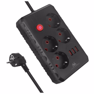 Maclean MCE393 B -jatkojohto, 4 pistorasiaa ja 3 USB-porttia, 110–240 V AC, 50/60 Hz, 2,1 A, enint. 2500 W, 3 m, musta